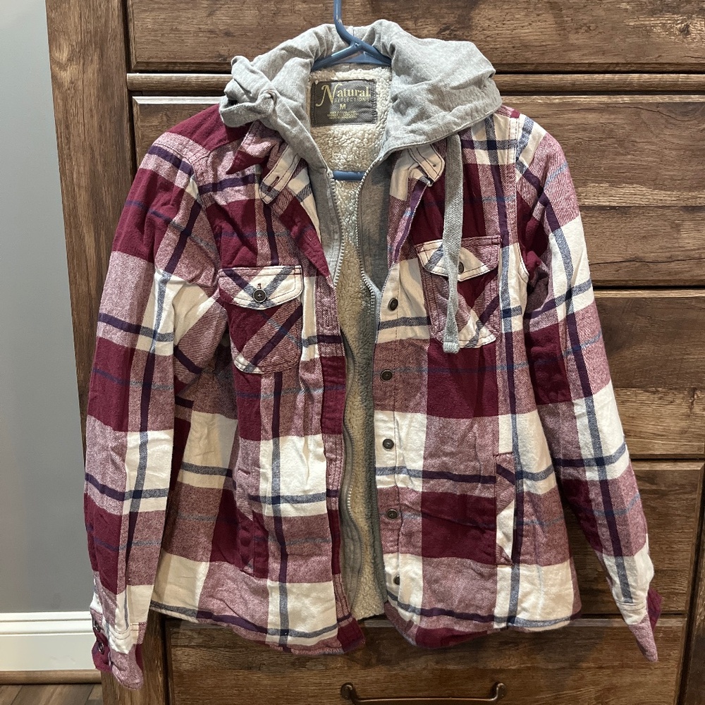 Natural Reflections Burgundy and Cream Plaid Utility Hooded Jacket